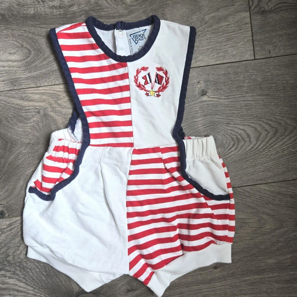 Vintage French Toast Baby Romper 12M Red White Stripe Nautical Flags Sunsuit 90s